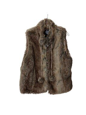 Brave Soul Sz M Faux Fur Vest Hook Front Brown Round Tassles Satin Lined #C-36